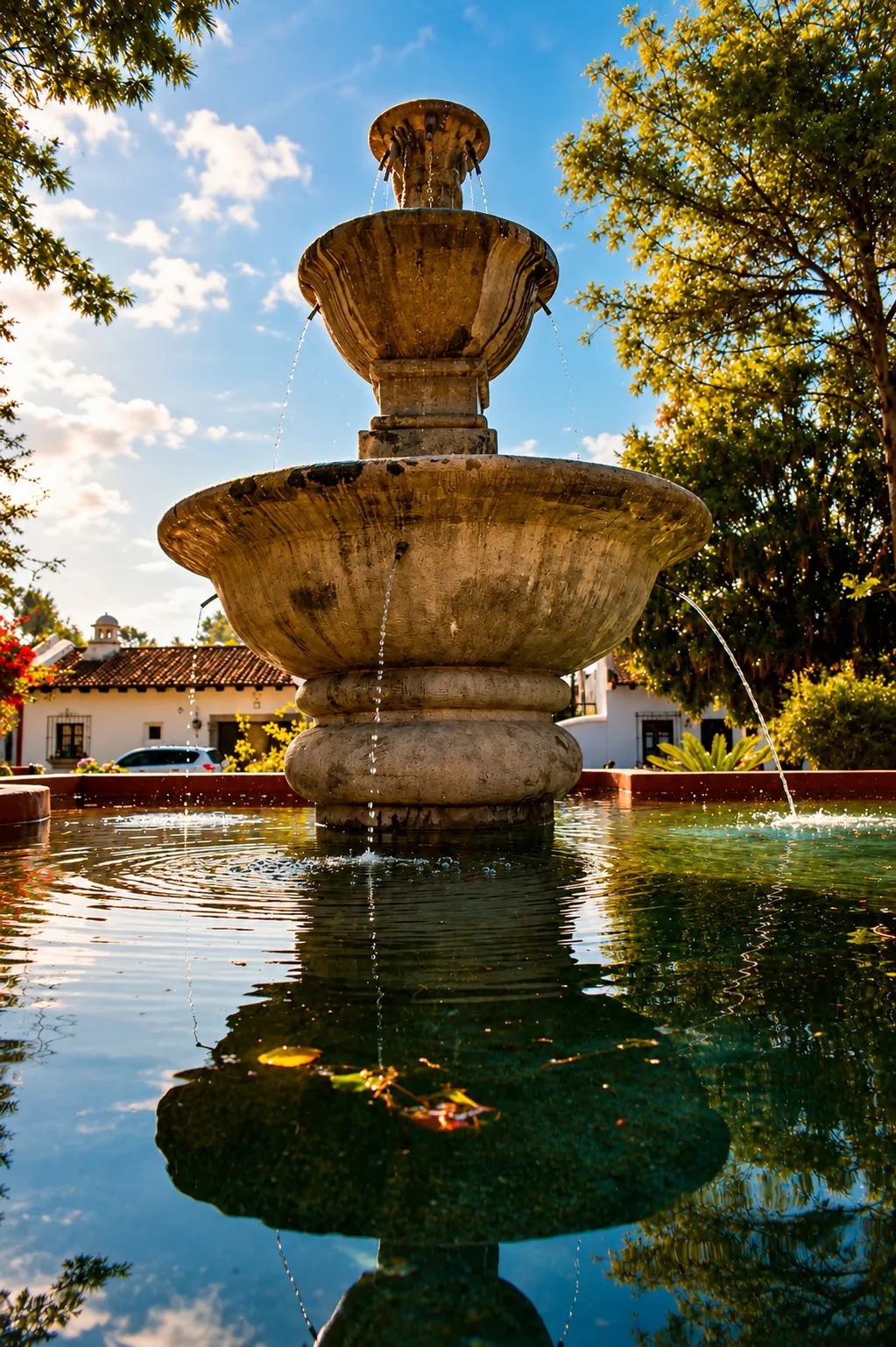 Fuente de piedra con agua cayendo