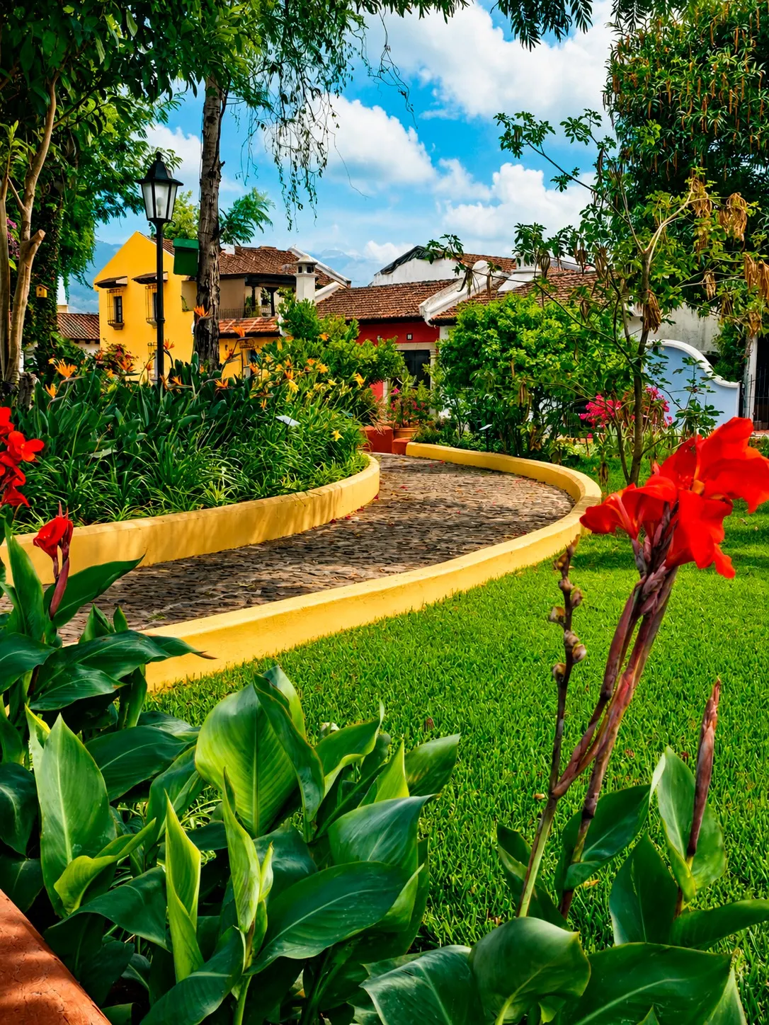 Camino empedrado entre jardines y flores
